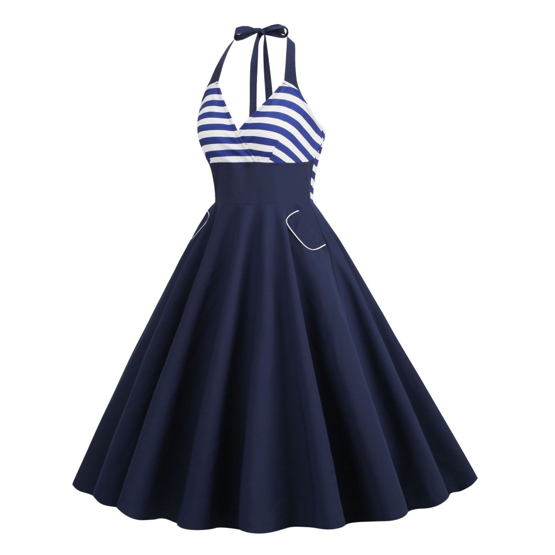 Womens Vintage Halter Neck Dresses 1950 Swing Tea Party Midi Cocktail Dress